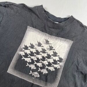 Vintage 91 MC Escher Heirs Art Graphic XL Birds Fish‎ Gray T Shirt Single Stitch